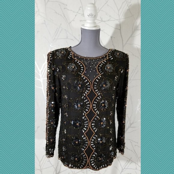 Oleg Cassini Vintage Beaded Sequined Silk Blouse - Picture 1 of 6